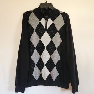 1Tasso Elba Argyle Quarter Zip Cotton Sweater in Black & Gray men's size …
